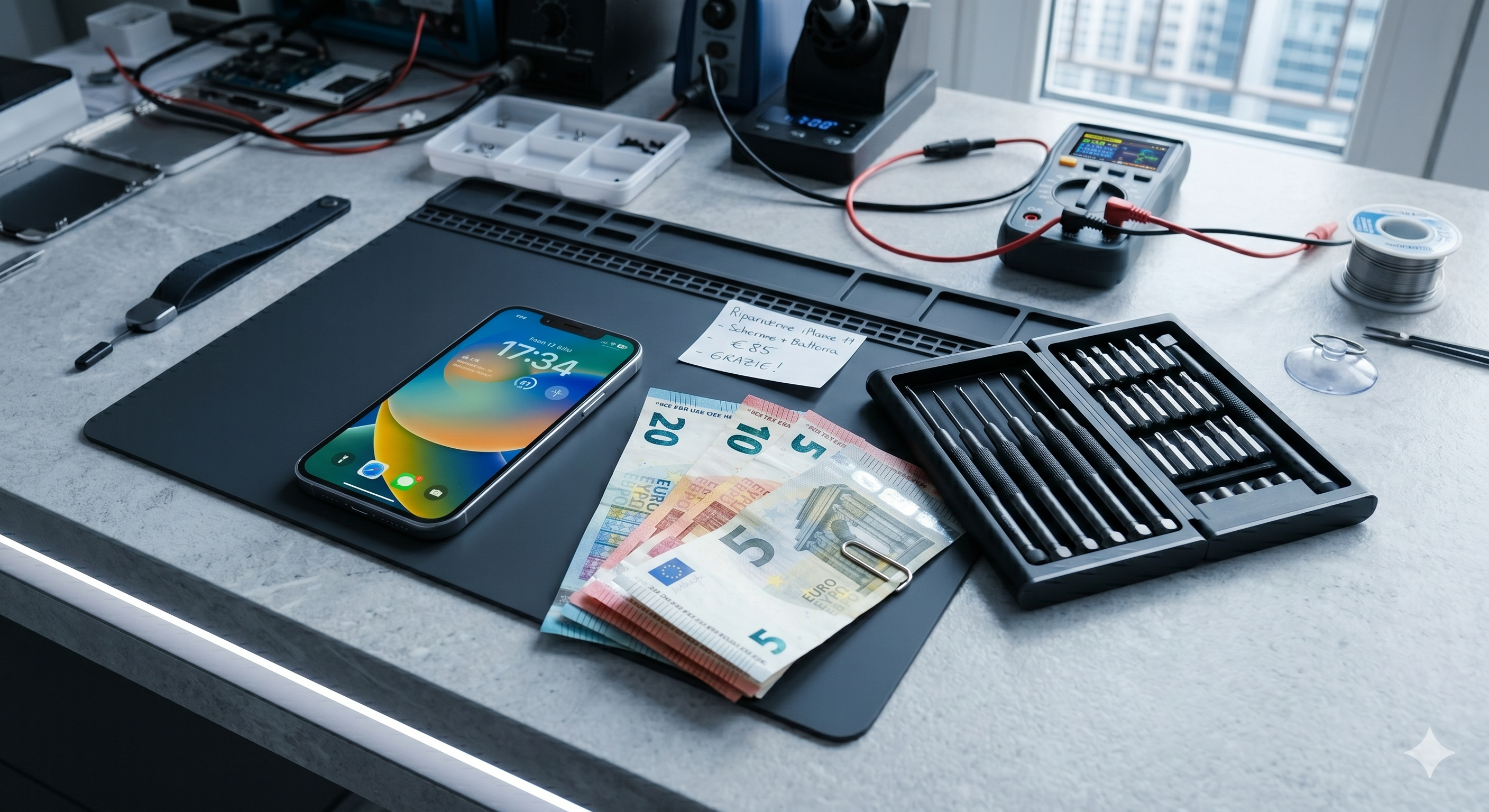 Smartphone riparato, banconote e strumenti professionali sul banco di lavoro